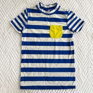 Mini Boden Boys 11-12Y Blue White Striped Rash Guard Swim Shirt Pocket